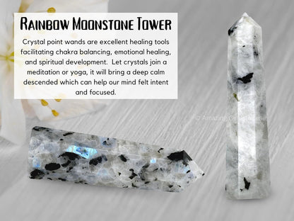 Rainbow Moonstone Crystal Towers ~ Natural Healing Crystal Point Obelisk for Reiki Healing and Crystal Grid (2" to 3" INCH)