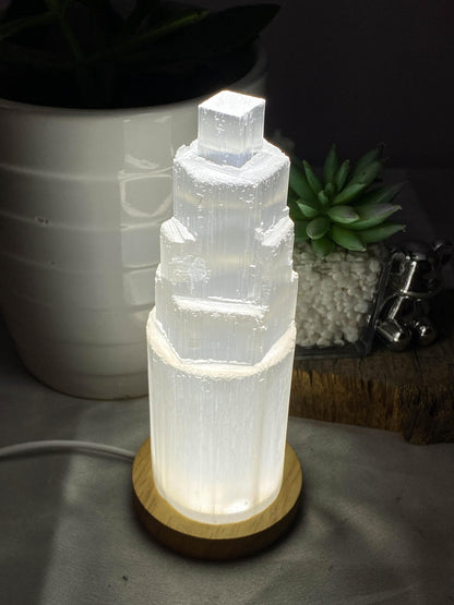 Natural Selenite Charging Tower with Lamp , High-Vibrational Energy Cleanser , Crystal Charging Stand , Crystal Tower , Crystal Energy